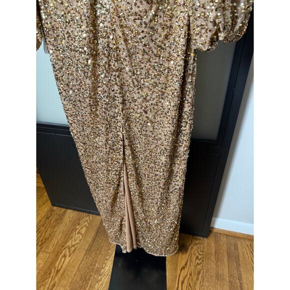 NWT Mac Duggal Brown Sequined Puff Sleeve V Neck Gown Size 14 - Picture 5 of 11